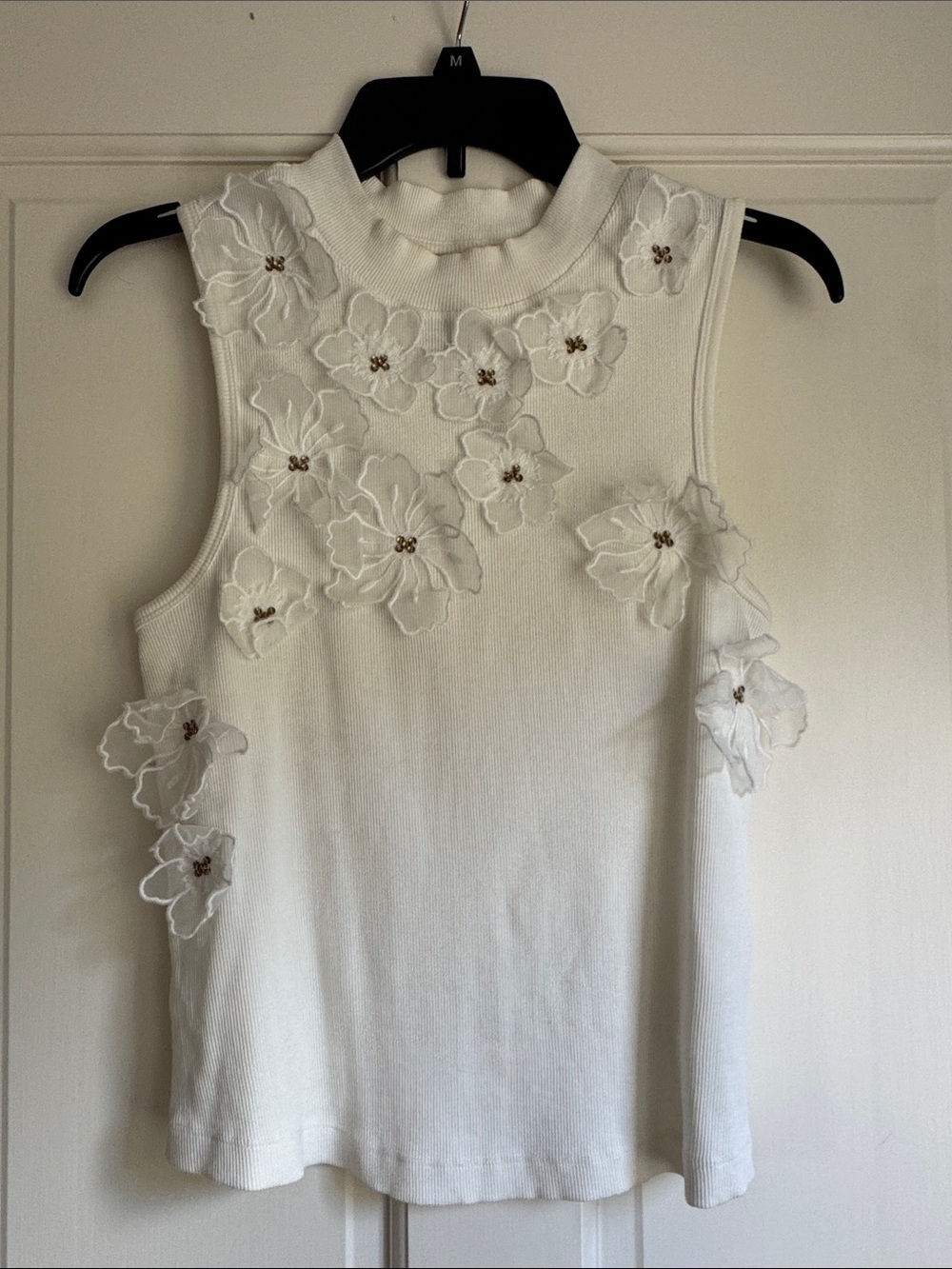 Anthropologie Sleeveless White Floral Appliqué Tank Top